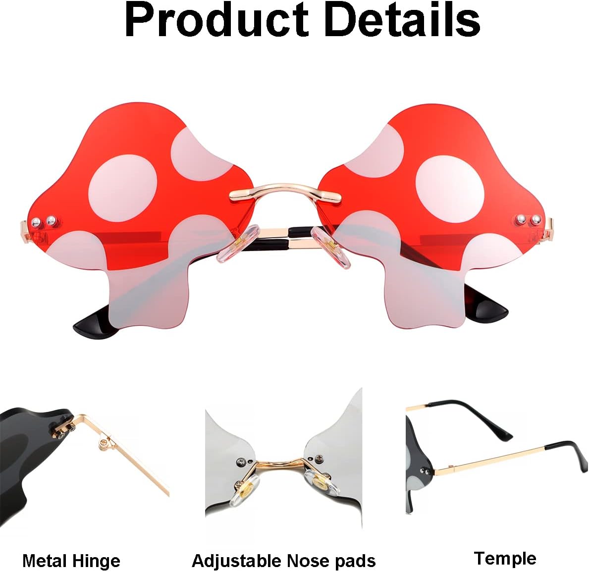 Women Men Vintage Rimless (Gold/Red) | Sun Glasss Retro Rave Party Halloween Frameless Eyeglasses